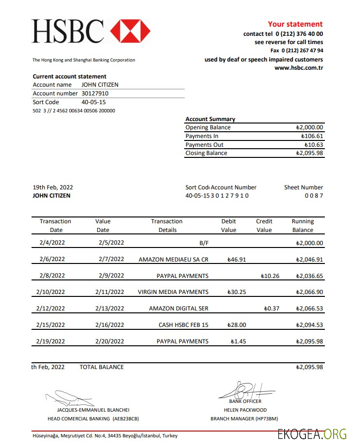 Relevé bancaire HSBC Turquie xls